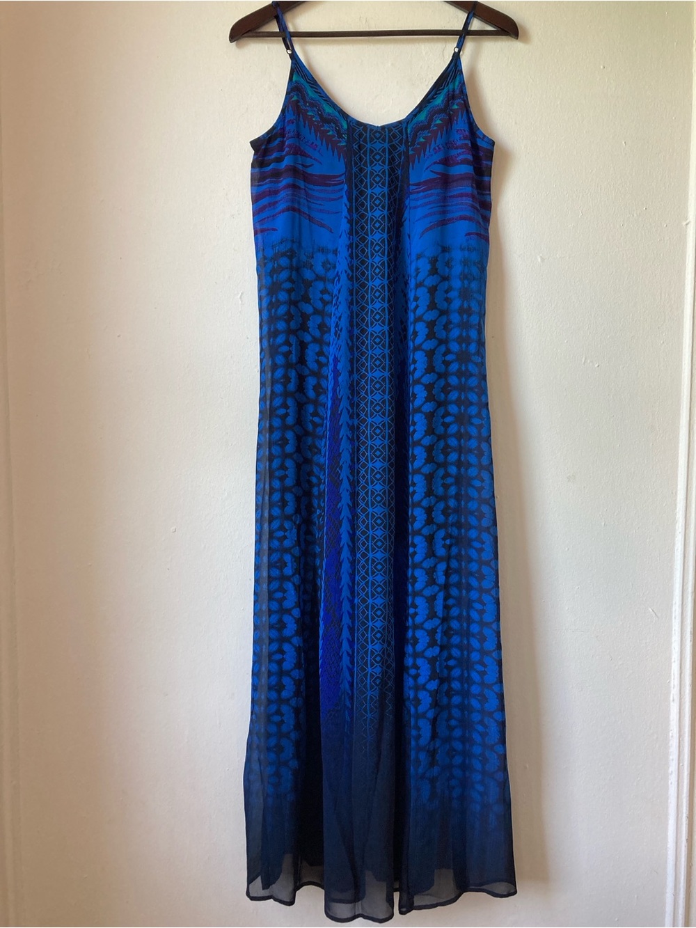 Express Royal Blue & Black Geometric Print Chiffon Maxi Dress Size S Fairy
